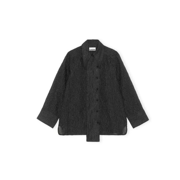 GANNI Jacquard Organza Wide Placket Shirt Blouse Womens 40 8 Black Long Sleeve - Picture 1 of 15
